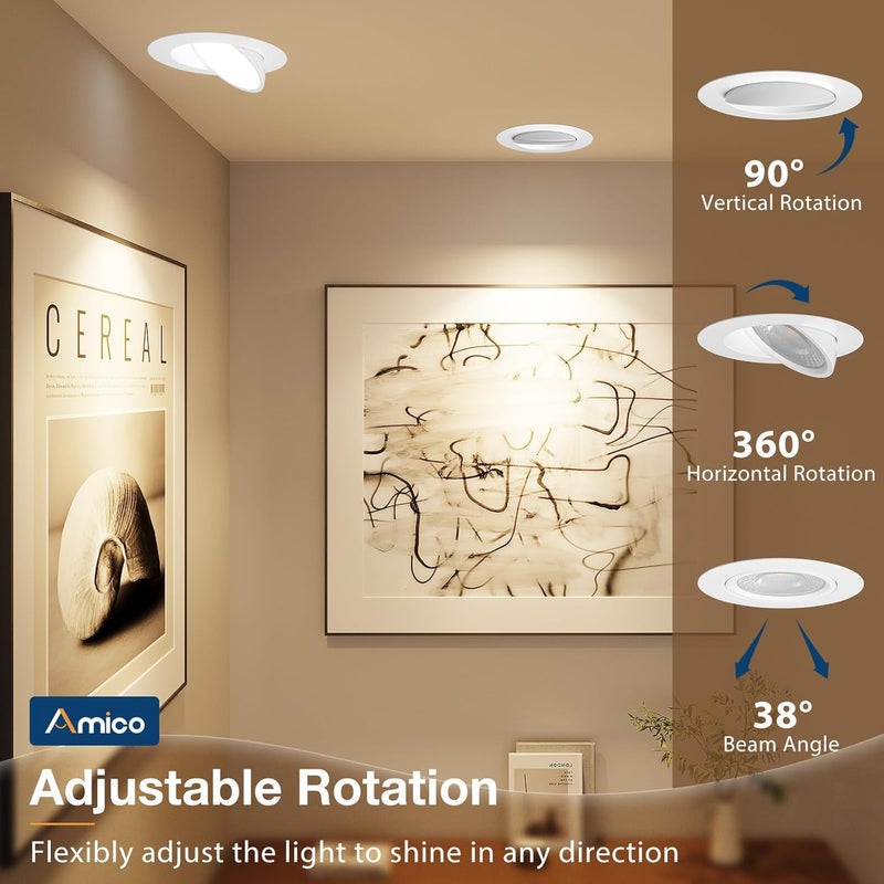 Amico 6 Pack 4 Inch 5CCT Gimbal LED Recessed Lighting, 360°&90° Adjustable Eyeball Directional Downlight, Dimmable, 2700K/3000K/3500K/4000K/5000K Selectable, CRI90+ 9W 700LM, ETL&FCC - Image 2